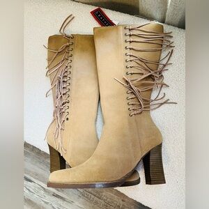 Vintage 90s expressions tan suede leather fringe heeled boots